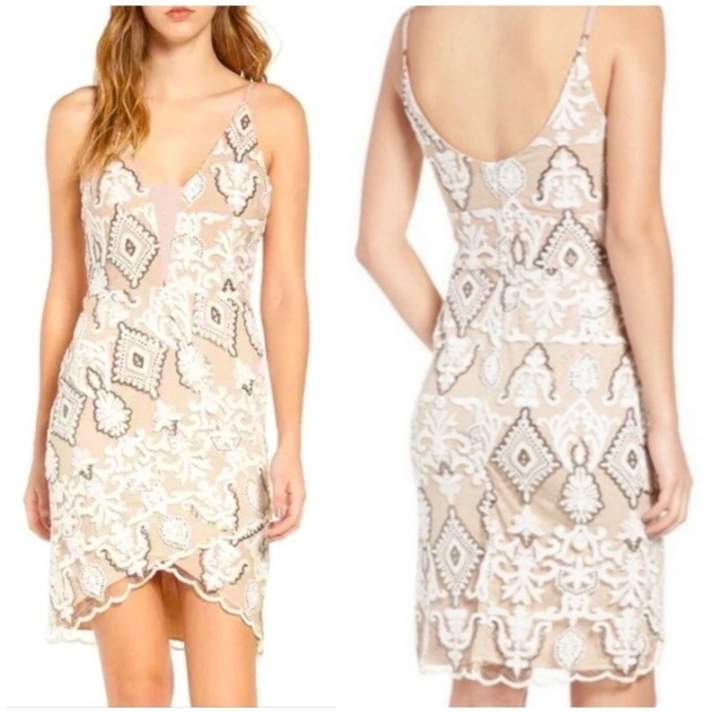 4SI3NNA Embroidered Sequined Sleeveless Lined Bodycon Dress Size XS Tan & White